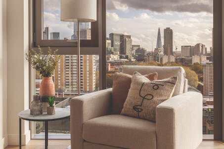 Modern London apartment interior with Tower Bridge view